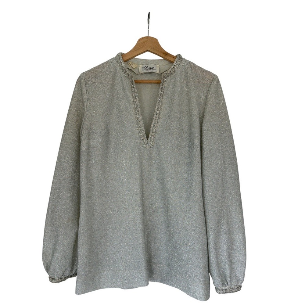 Vintage 60s 70s Retro Glam Silver‎ Metallic Knit Tunic Top Mod Disco Blouse